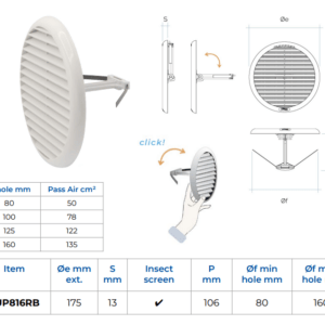 Alternative view of Universal grille with springs TUP816RB Ø80/160mm, white